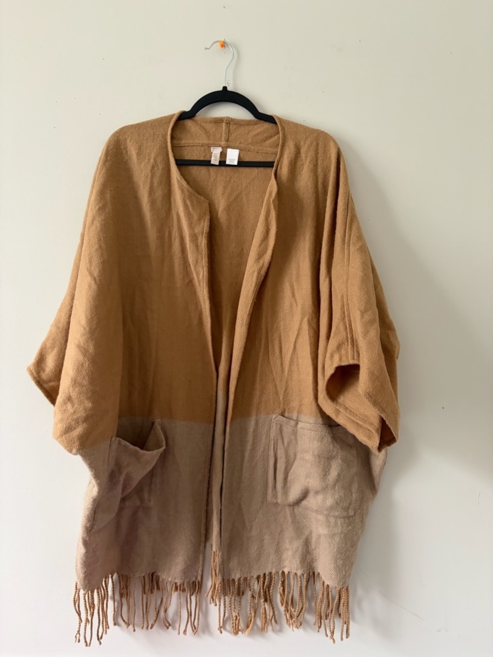 Two-Tone Fringe Open Front Cardigan Jacket - Camel & Taupe